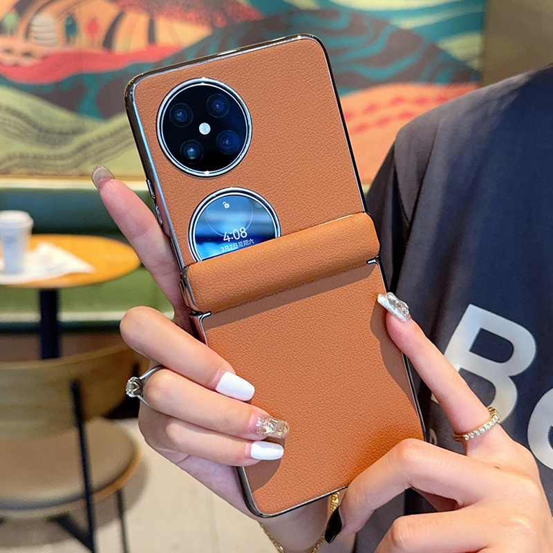 ins美拉德风适用华为p50pocket手机壳新款棕色华为pocket2折叠屏带中轴外壳P50pocket s高级感全包防摔保护套