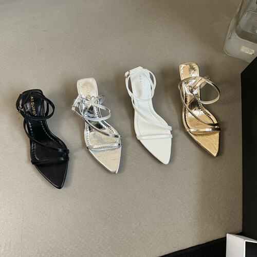 ALIGUIFEI 韩版尖头细带凉鞋女2026年夏季新款气质露趾一字带凉鞋