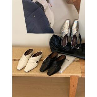 女外穿一脚蹬气质低跟懒人鞋 SHOE REN法式 包头内增高穆勒鞋 半拖鞋