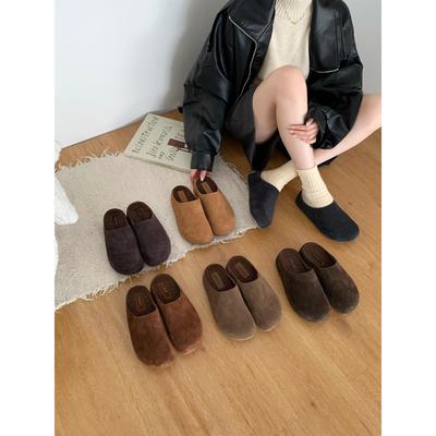 BEILIXUAN 韩版加绒厚底磨砂皮勃肯鞋女秋冬5cm内增高包头半拖鞋