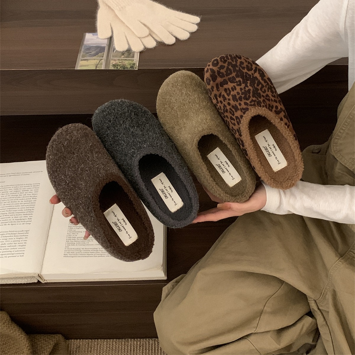 5CM内增高豹纹包头半拖鞋女外穿棉鞋子一脚蹬厚底保暖加绒勃肯鞋