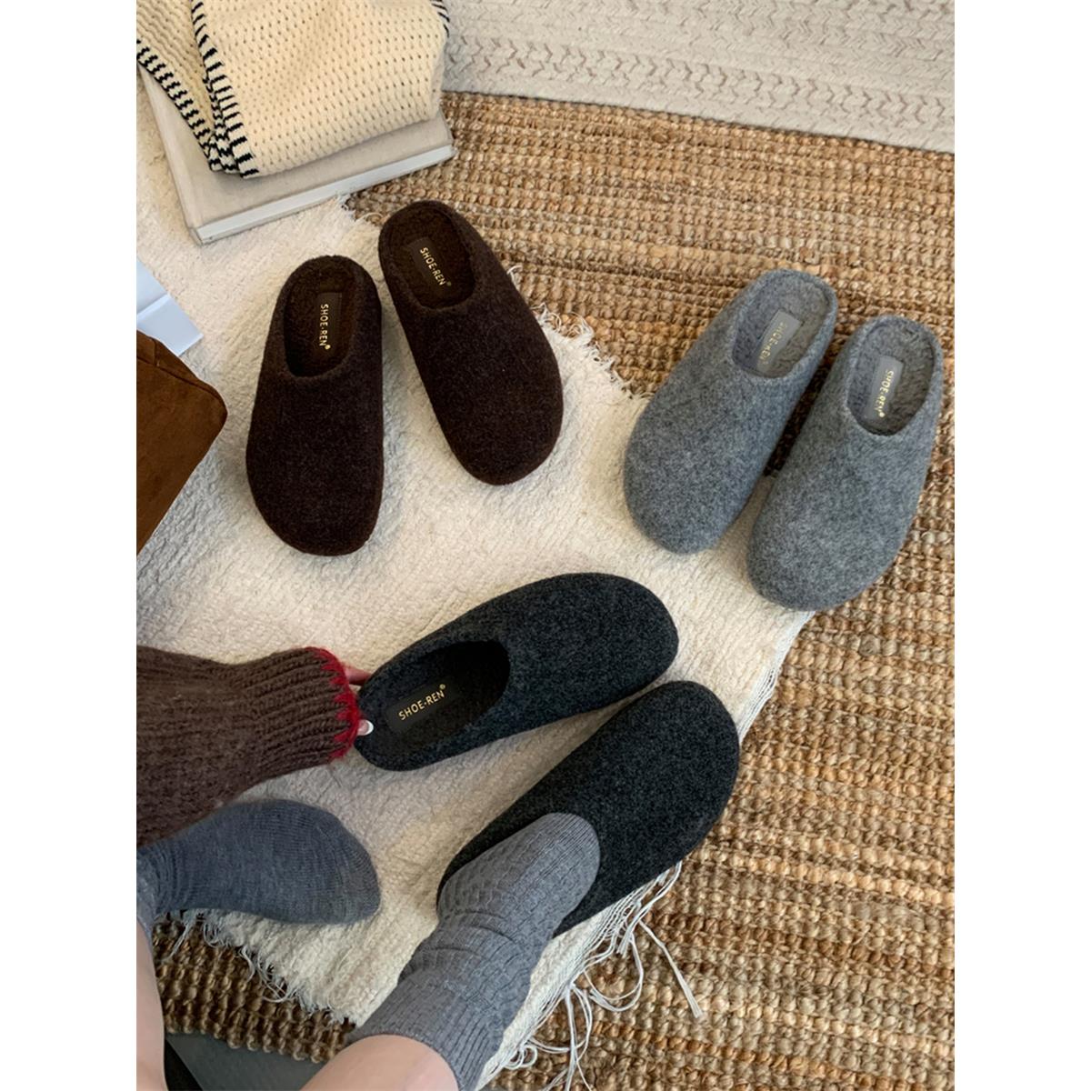 内增高4Cm半拖鞋女外穿2025冬季森系毛呢包头厚底加绒勃肯鞋棉拖