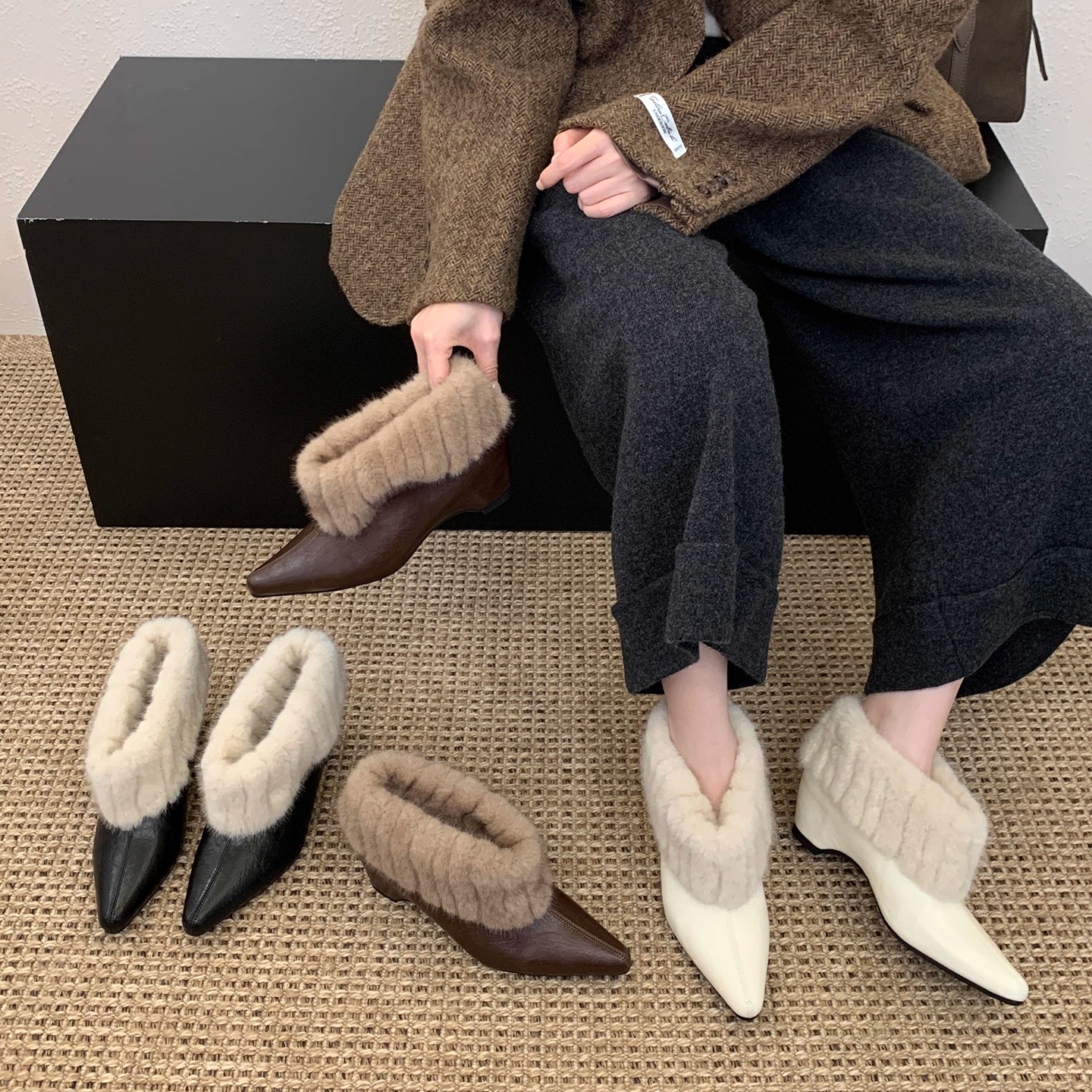 时髦个性~小众保暖雪地靴女法式内增高尖头小皮鞋毛毛鞋冬季棉鞋