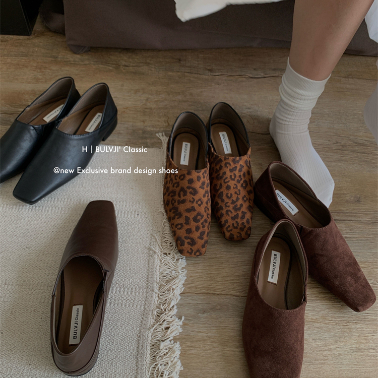 BULVJI布履季 春秋新款方头深口单鞋女小众百搭低跟小皮鞋女