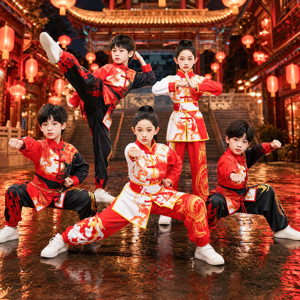 新款国风儿童武术表演服打鼓服庙会舞狮演出服装比赛训练服太极服