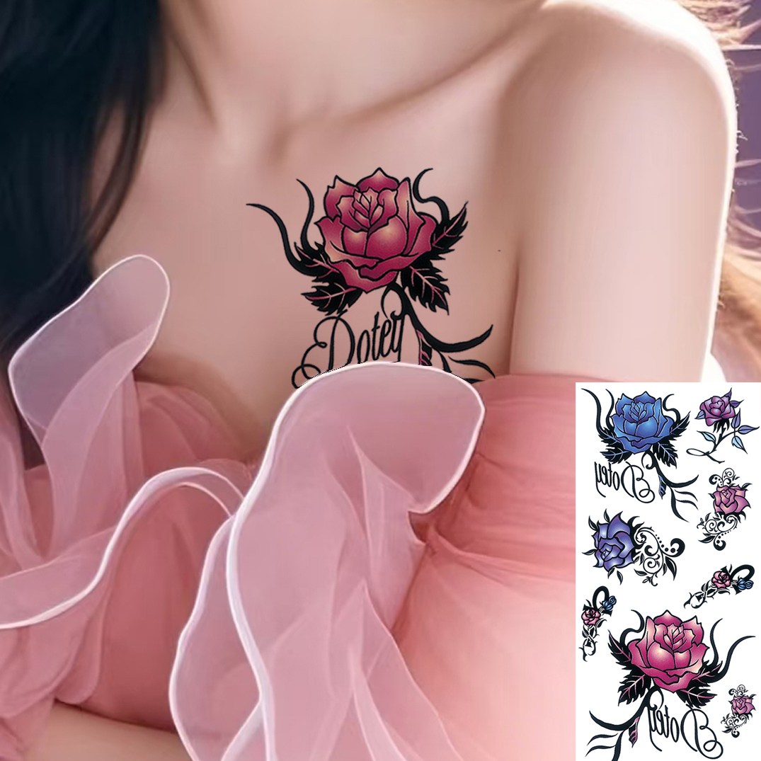 7张玫瑰花朵性感纹身贴胸部防水持久个性遮疤刺青身体彩妆女锁骨