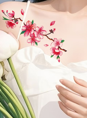 7张彩绘纹身贴纸女防水持久桃花樱花国风锁骨性感胸部臂花朵妆容