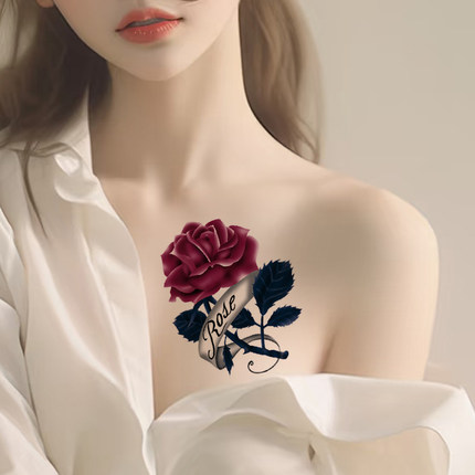 7张彩妆玫瑰纹身贴女防水持久花朵清新仿真刺青疤痕性感锁骨胸部