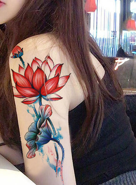 水墨风彩色莲花纹身贴纸防水