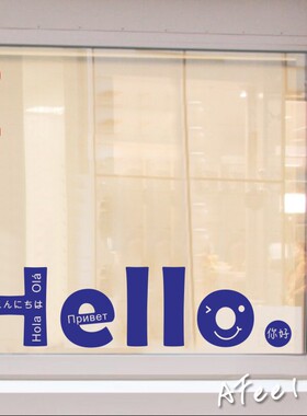 欢迎光临hello风格镜拍照英文字母装饰奶茶店铺橱窗玻璃自粘贴纸