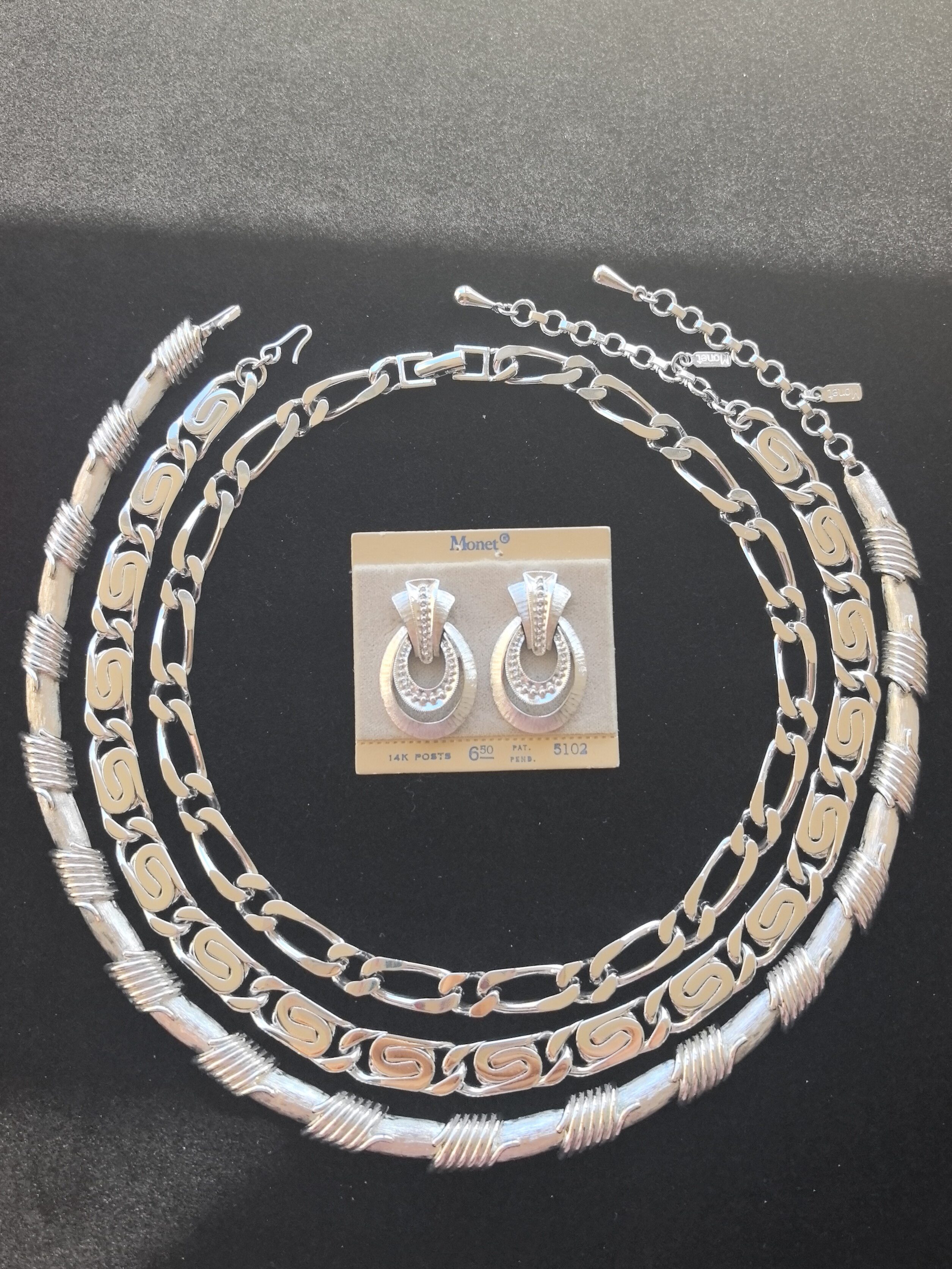 Monet中古素银项链锁骨链耳钉拉丝银素银中古Vintage