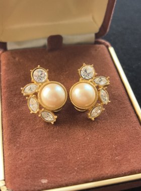 Monet 仿珠莱茵石花朵耳夹耳饰精致风中古Vintage孤品