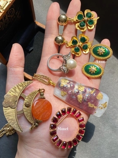 中古Vintage孤品海外回流手工金箔琉璃老件琉璃Avon耳钉戒指项链