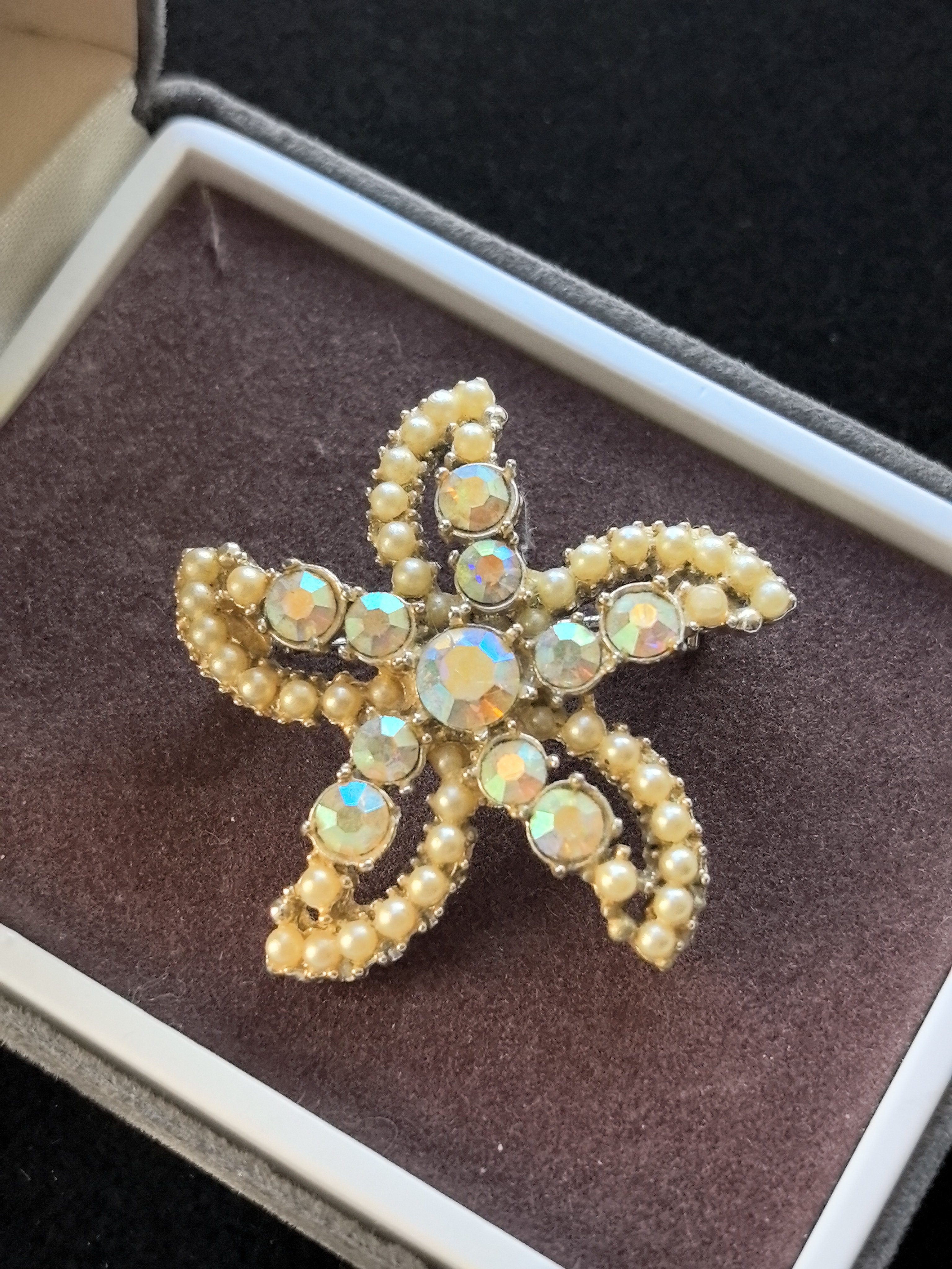 中古vintage复古素金仿珠海星胸针孤品