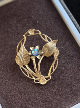 中古素金花卉叶子胸针精致小巧中古胸针