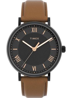 代购Timex天美时男士腕表计时夜光日期防水皮带黑色罗马金属