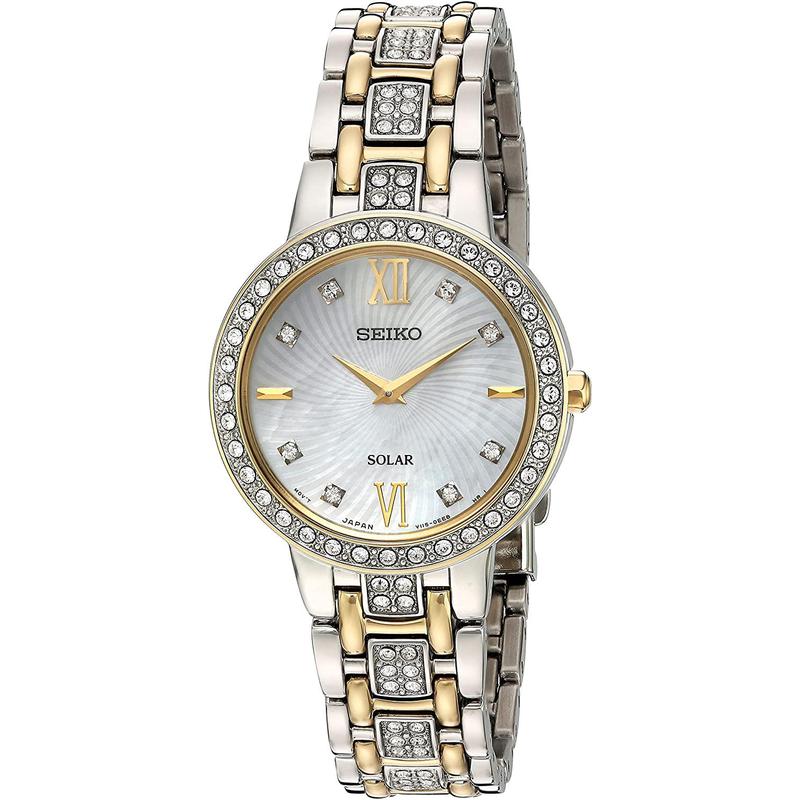 Seiko/精工光能太阳能女款石英手表两tone不锈钢表带水晶镶钻女士