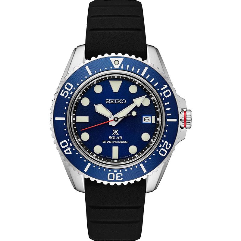 Seiko/精工深蓝潜水者太阳能石英男士腕表毫米蓝盘橡胶黑带