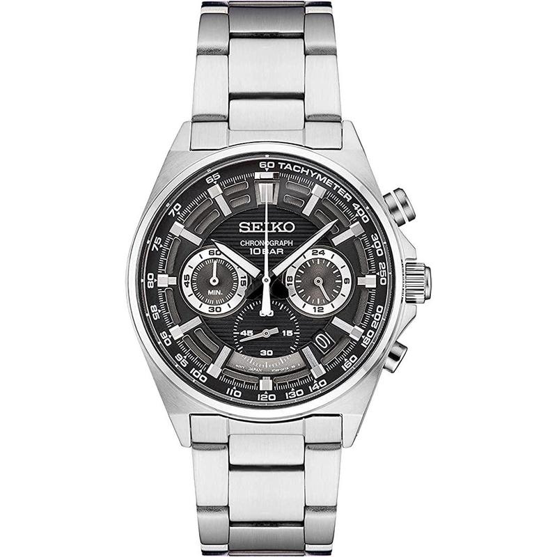 Seiko/精工精钢男士石英计时防水手表日历黑盘银带