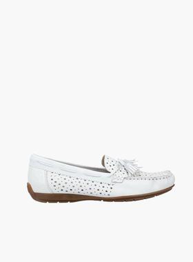 代购rieker女士乐福鞋透气轻便软底舒适白色无系带镂空设计流苏