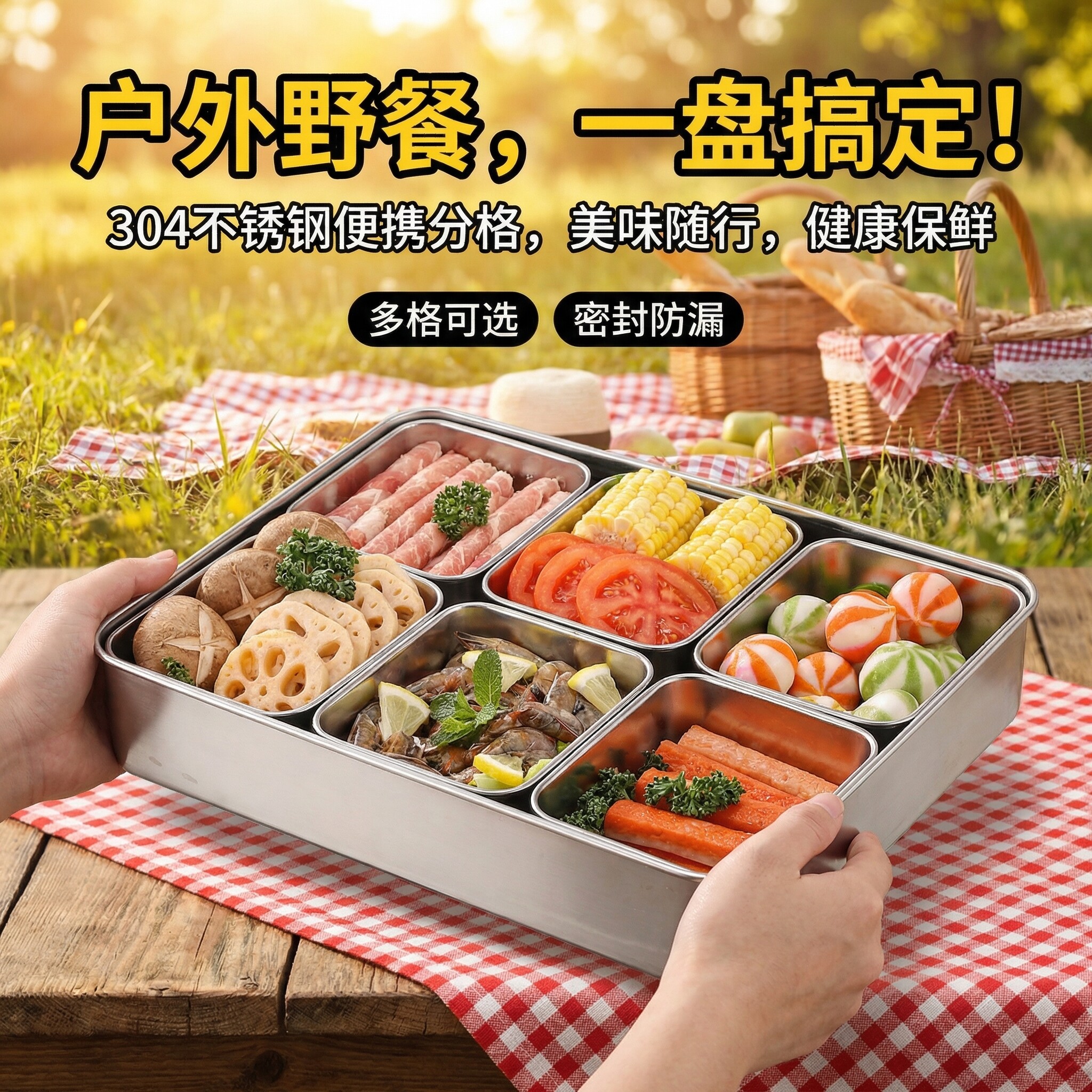 不锈钢野餐盒子重复使用户外便当盒露营食材分装菜盘备菜烤肉火锅