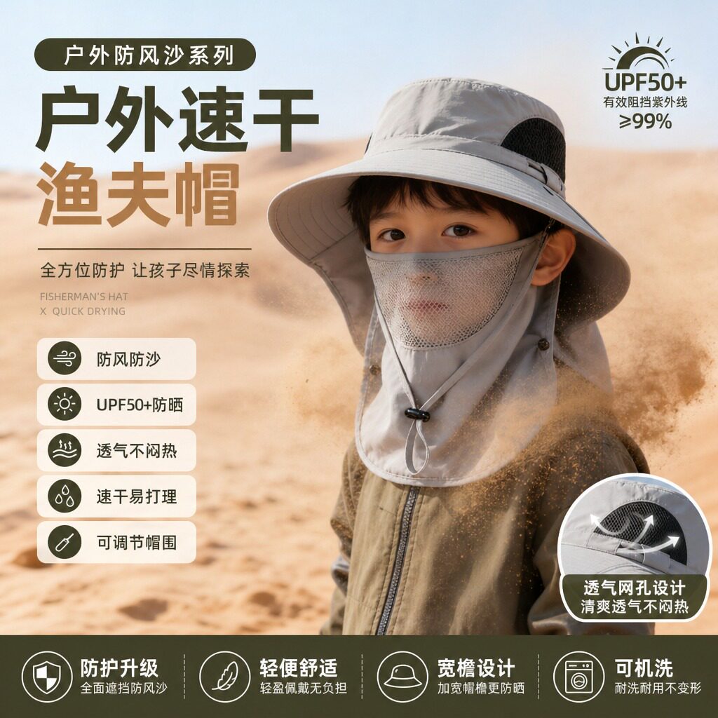 儿童防晒帽带面罩全脸防紫外线沙漠防沙遮阳帽男孩护颈渔夫帽子
