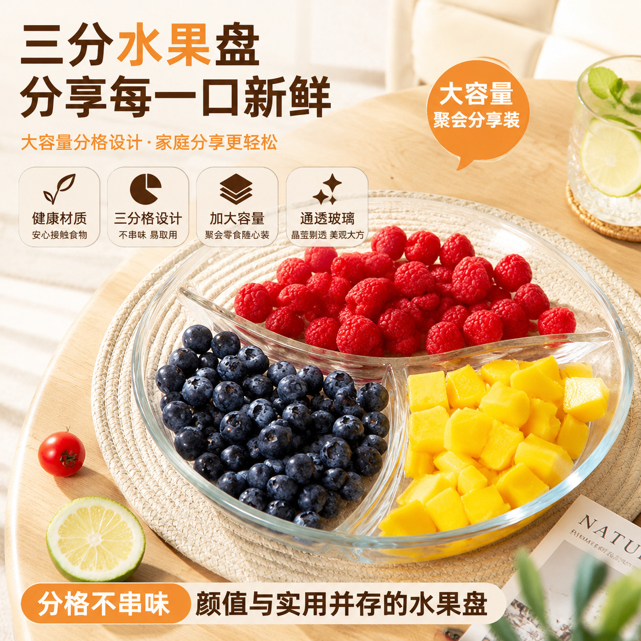 放切好的水果盘茶几客厅家用玻璃糖果盘大容量超大分格零食干果盘图片