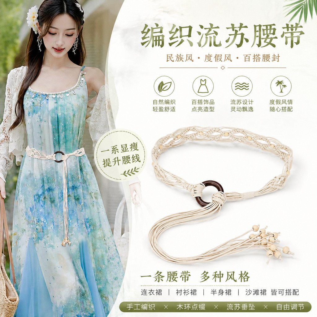 白色编织腰带女款配裙子民族风度假风百搭衬衫连衣裙腰封流苏皮带