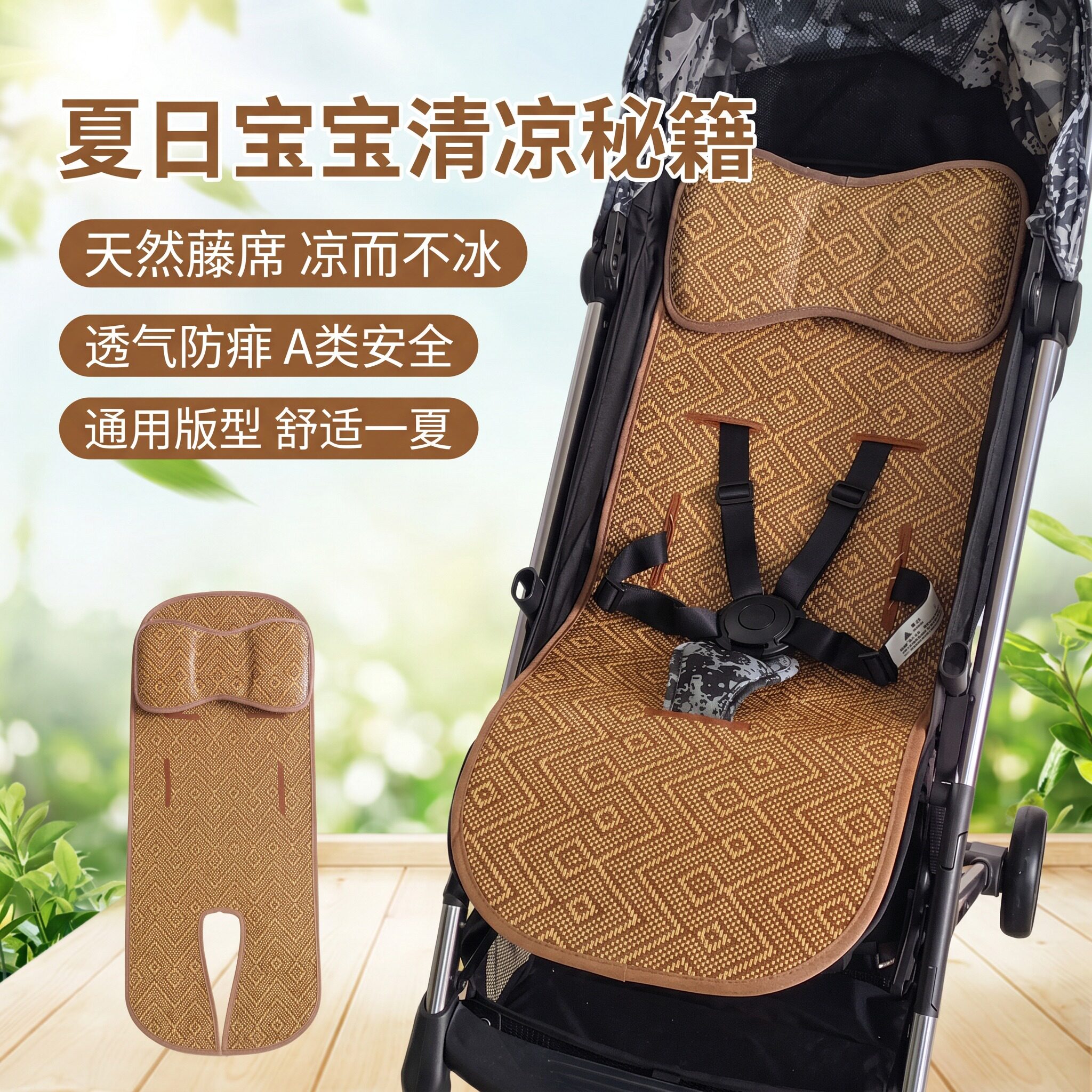 婴儿车坐垫凉席通用型夏天宝宝推车藤席凉垫透气冰丝防滑夏凉垫子