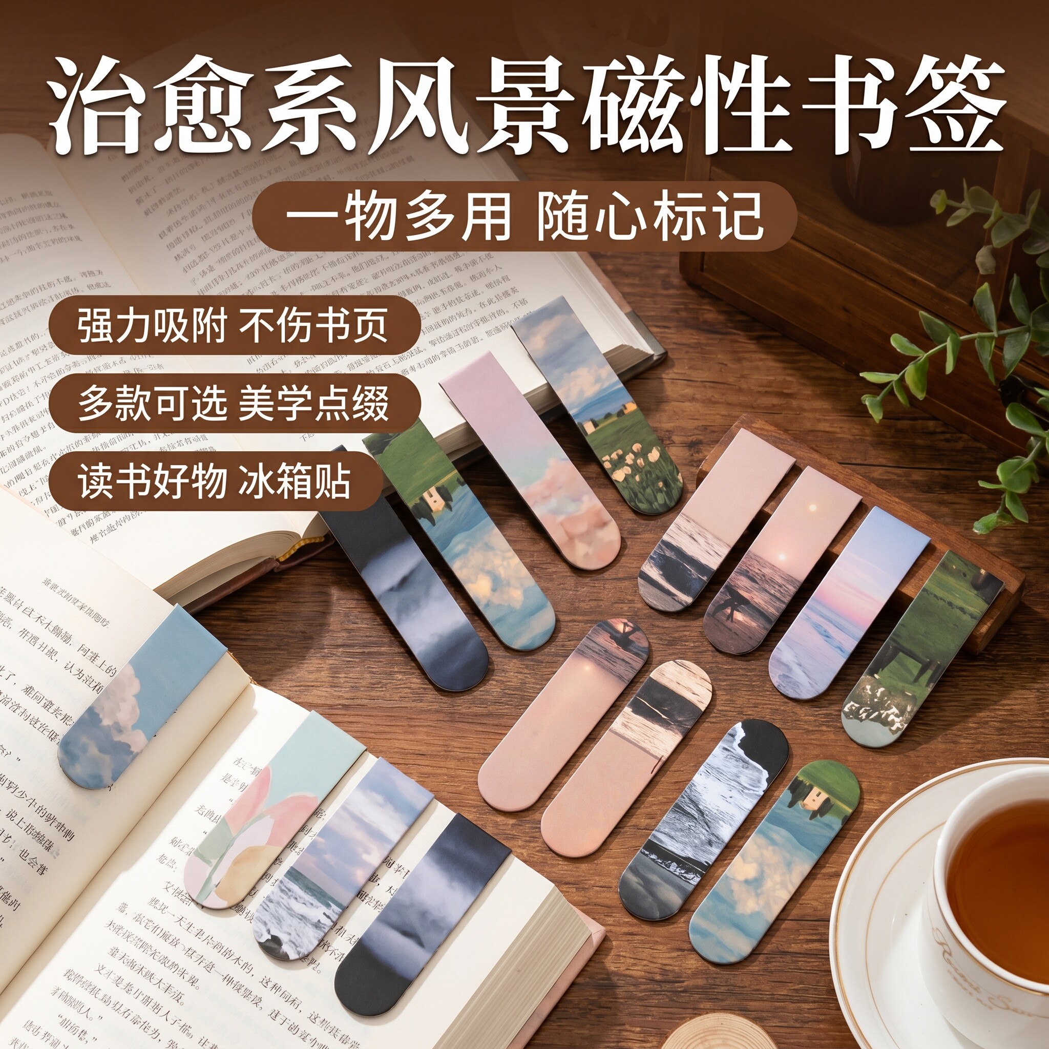 书签磁吸书夹小学生专用冰箱贴磁贴阅读奖励学生多功能风景书页夹