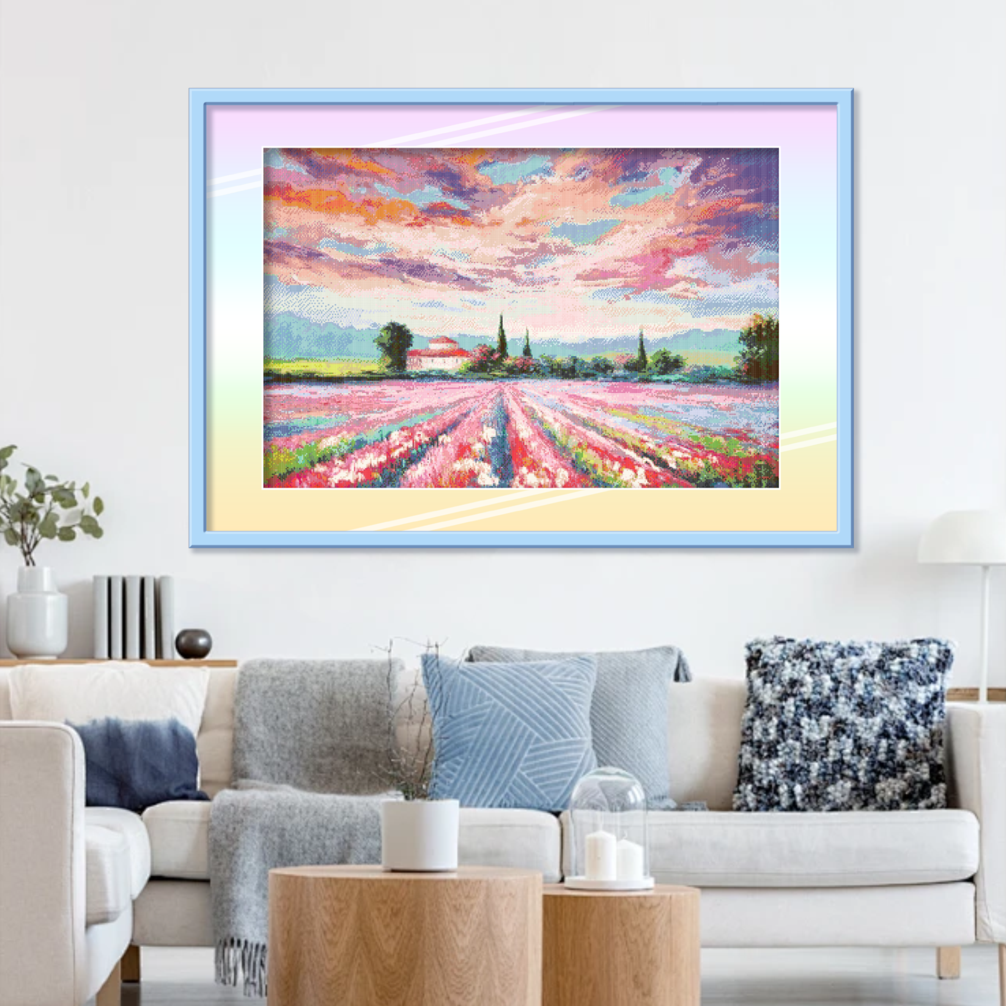 KS十字彩虹薰衣田园风景新款油画风客厅大幅手工线绣装饰画