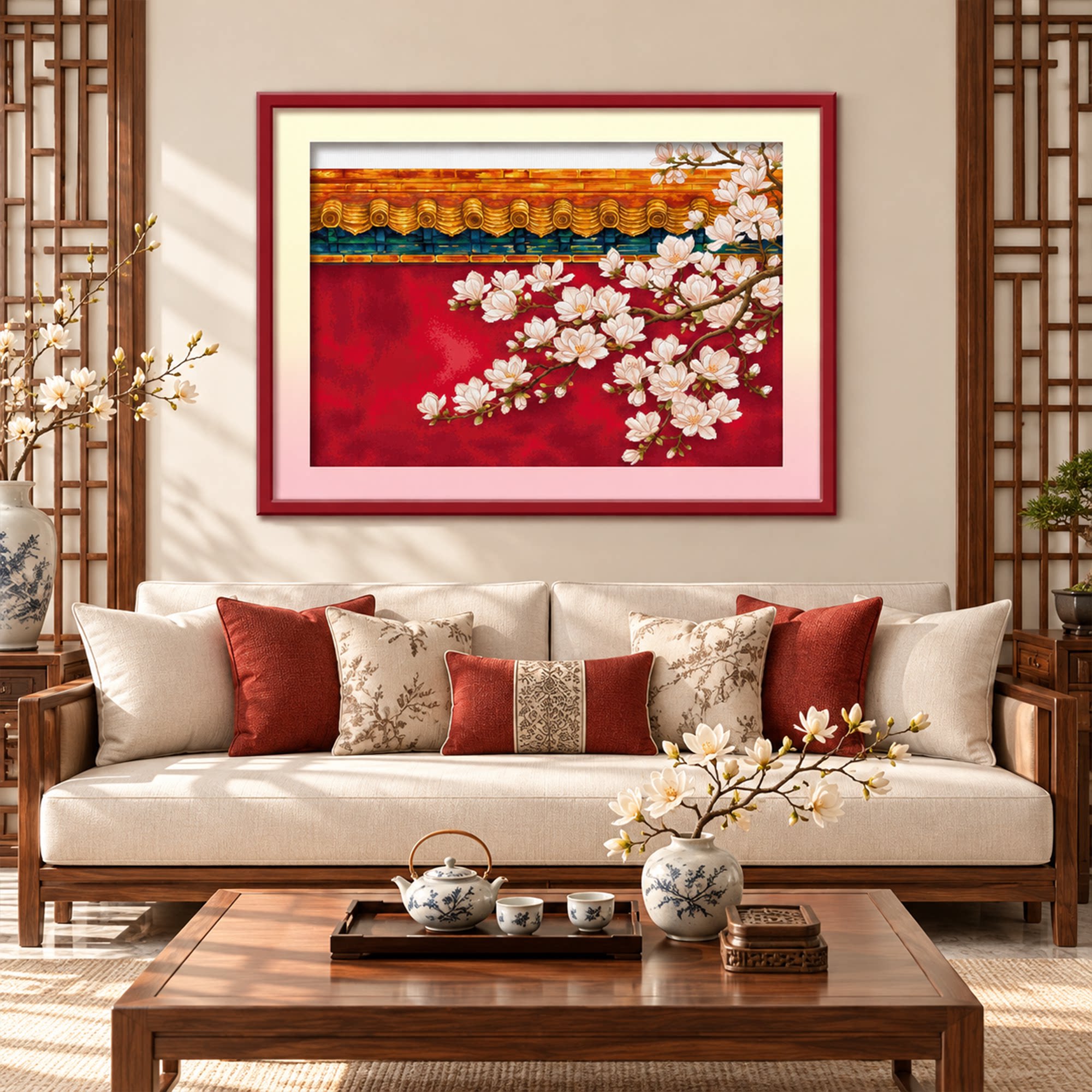 KS十字绣朱墙雪新款故宫墙玉兰花新中式客厅挂画古典国风自己绣