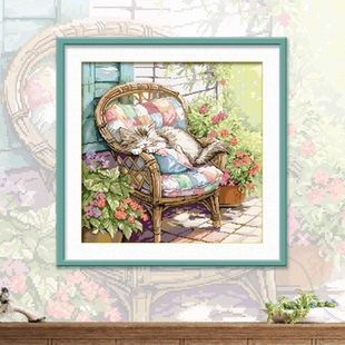 ks十字绣新款露台前猫咪安逸自己绣手工棉线DIY治愈客厅卧室挂画