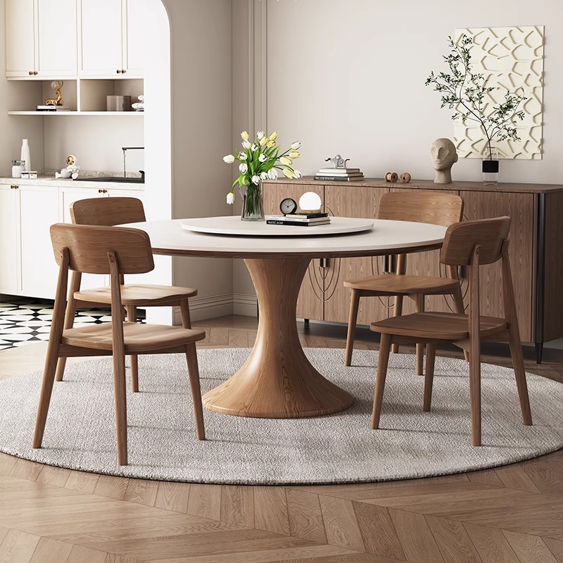 岩板圆桌中古风简约小蛮腰餐桌小户型家用圆桌带转盘白蜡木圆餐桌