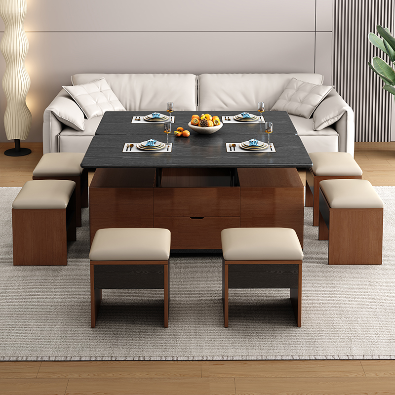 多功能岩板升降茶几餐桌一体两用二合一小户型家用带凳客厅可移动