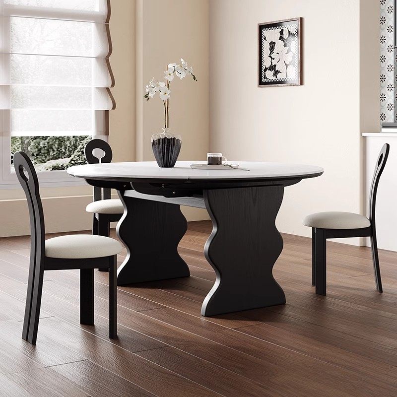 中古风实木折叠餐桌伸缩可变圆桌圆形2025新款黑色高端家庭小户型