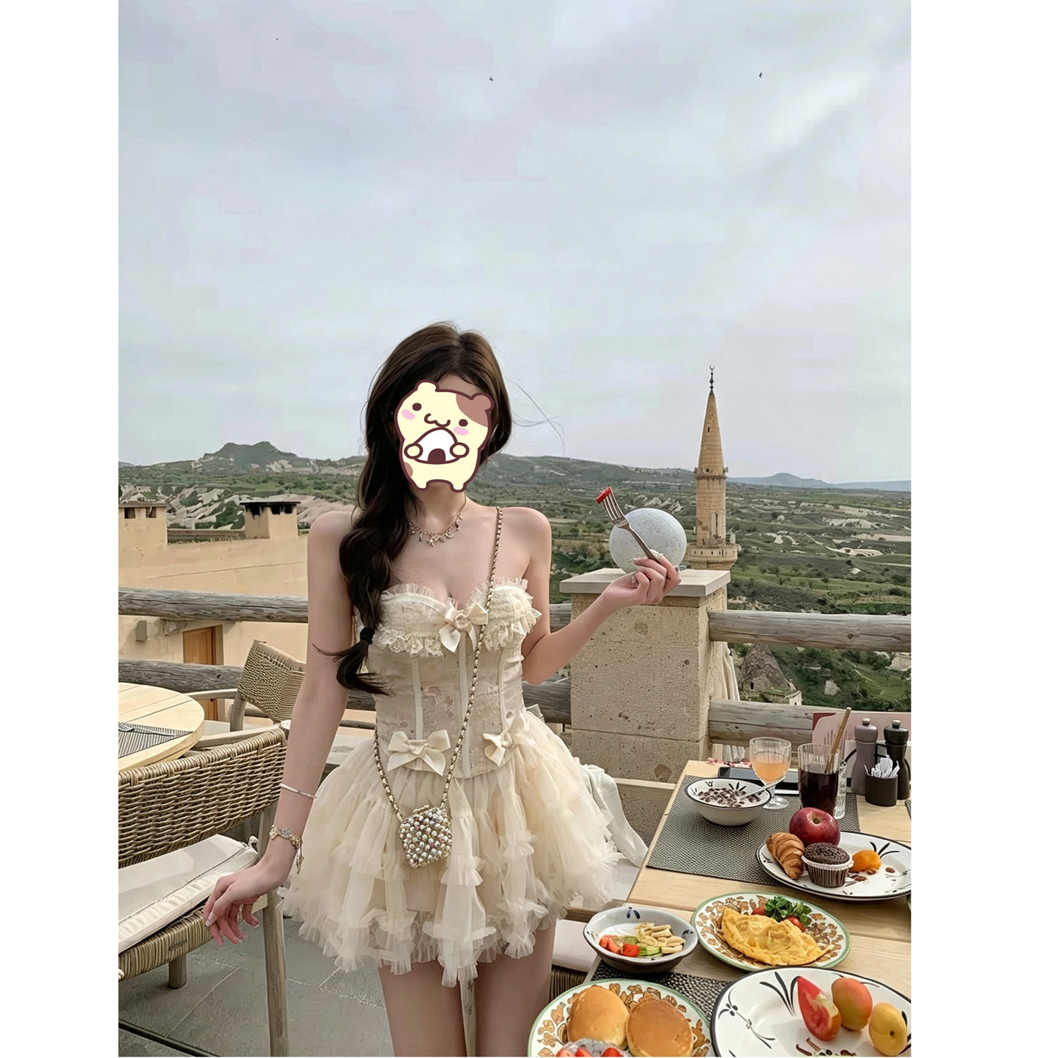 懒懒lla你的n【希腊神话】蝴蝶结蕾丝网纱鱼骨纱裙套装女上衣半裙