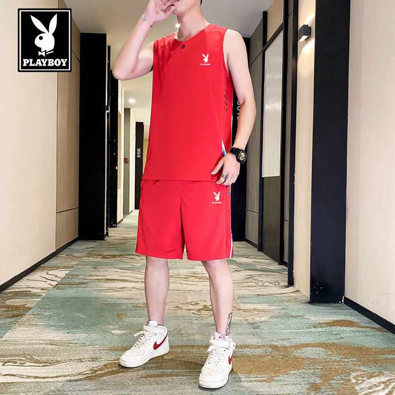 男士夏季冰丝无袖背心两件套速干短裤运动套装健身篮球服宽松大码