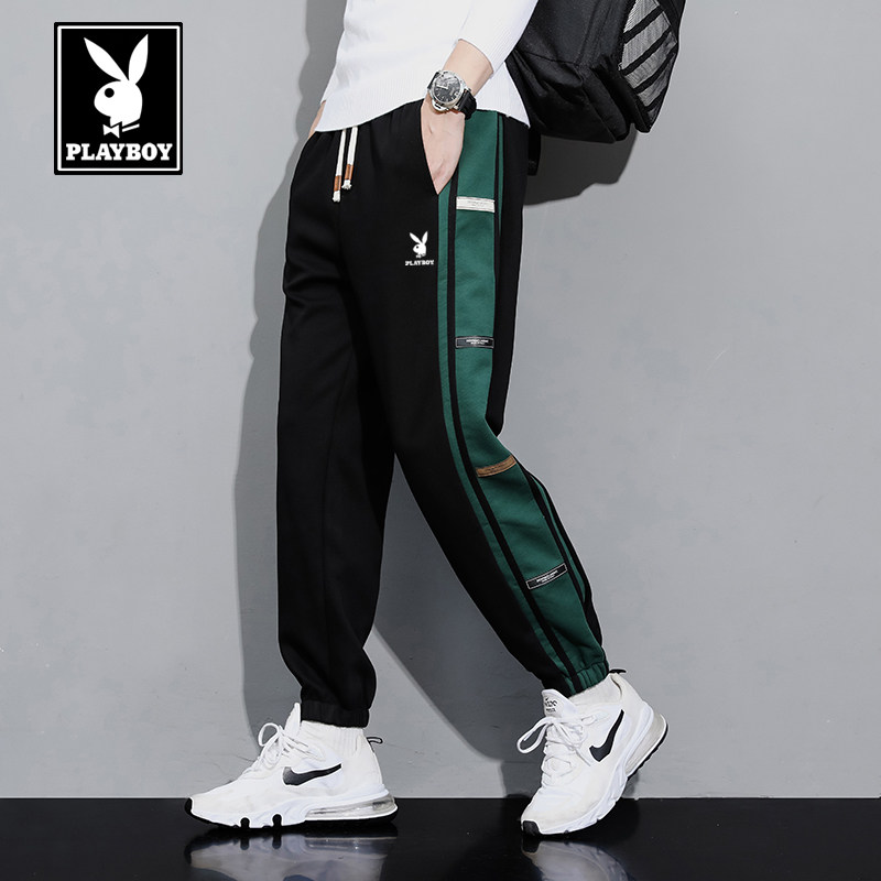 花花公子纯棉卫裤男春秋季宽松大码休闲裤束脚运动裤加绒长裤子潮