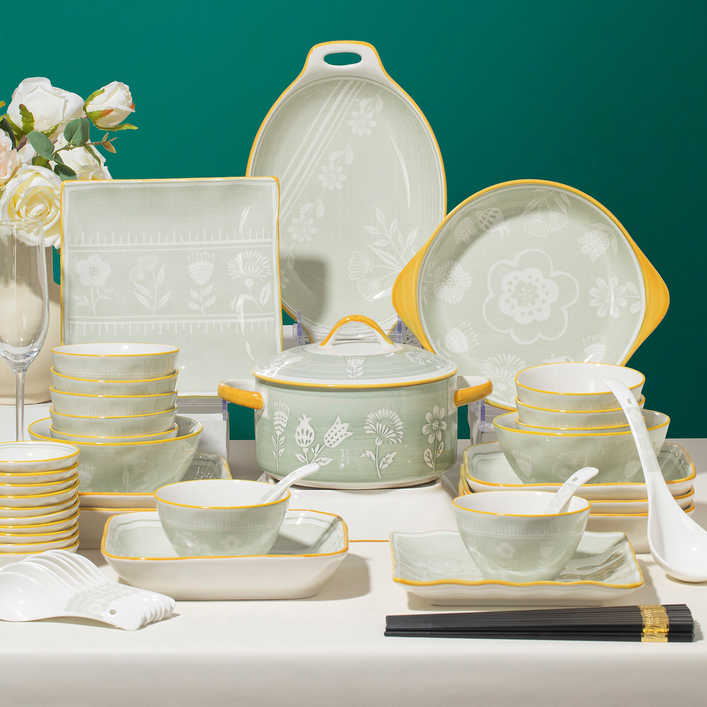 碗家用2025高颜值釉下彩陶瓷碗盘简约碗碟套装乔迁送礼餐具套组