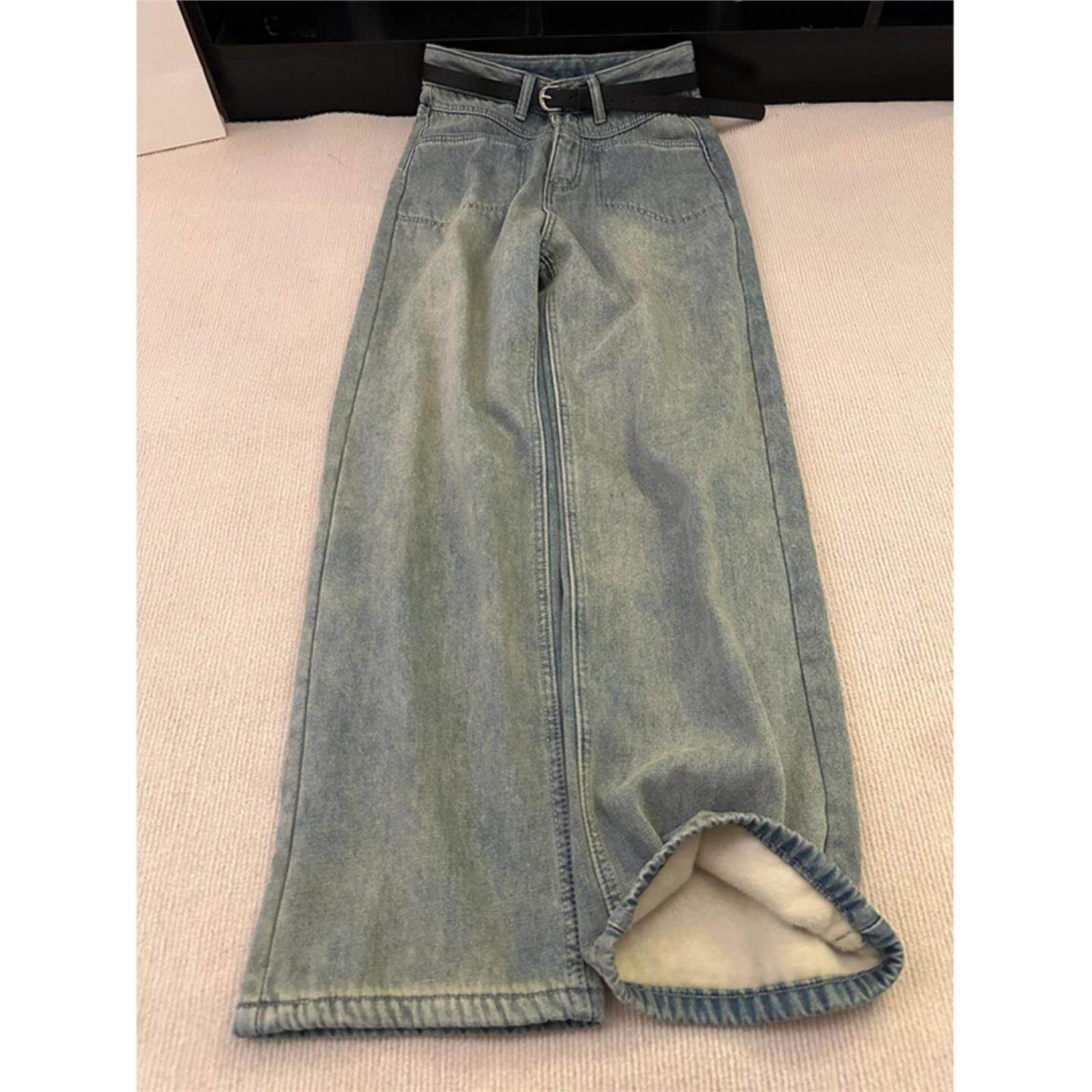 复古加绒加厚直筒牛仔裤女秋冬大码胖mm宽松显瘦梨形身材阔腿裤子