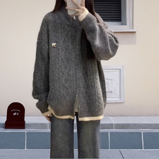 针织外套开衫女秋冬韩版休闲宽松初中高中生女大童中长款拉链毛衣