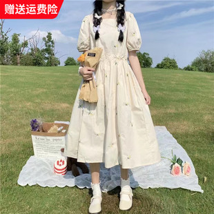 女大童连衣裙夏季过膝长裙初中生13岁少女15法式森系复古长款裙子