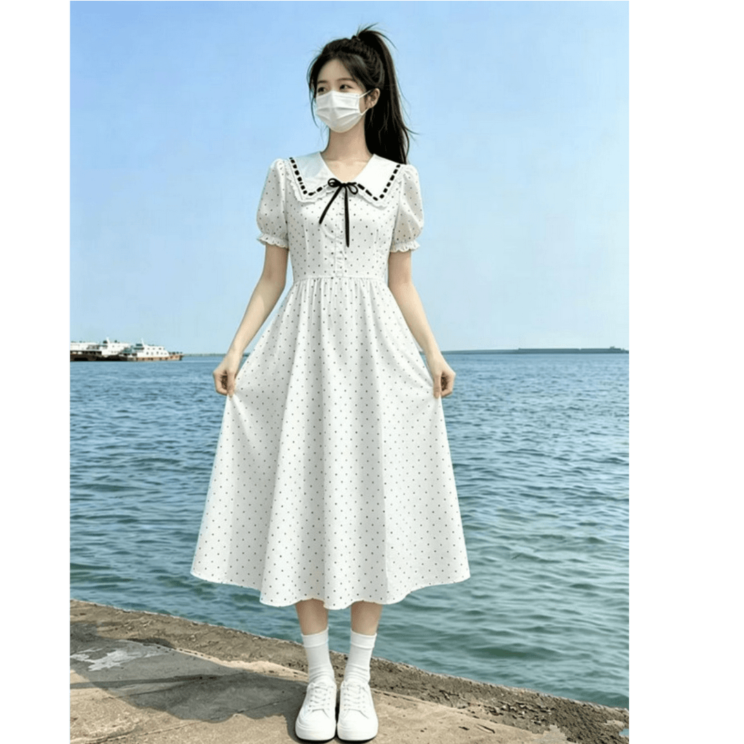法式学院风泡泡袖白色连衣裙女大童夏季13初中学生波点收腰长裙子图片