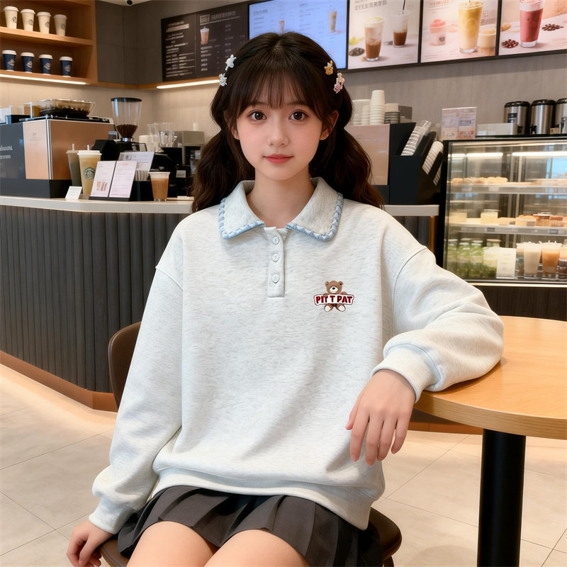 初中生春秋季polo领T恤少女大童卫衣高中学生学院风洋气长袖上衣