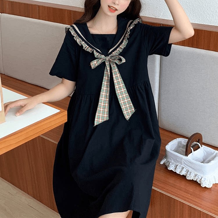 连衣裙女大童夏季宽松初中高中生少女胖女孩大码学院风娃娃领裙子