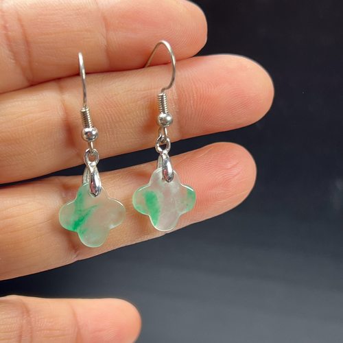 纯天然真玉耳环高冰飘翠绿色非洲翠玉玉石四叶草耳坠玉石耳环正品