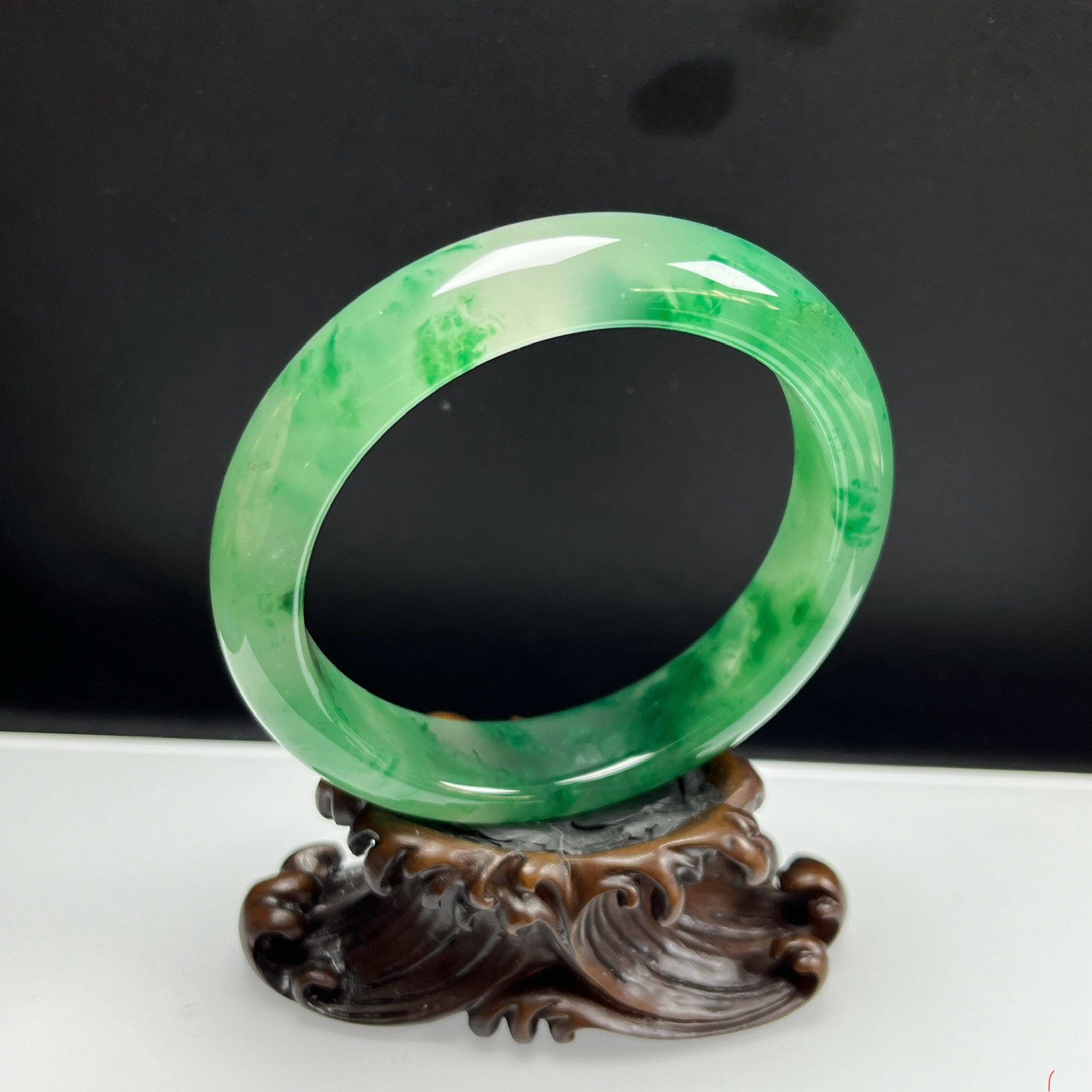 天然玉石精品珠宝高冰飘翠绿色非洲翠玉手镯62圈口玉镯手饰证书