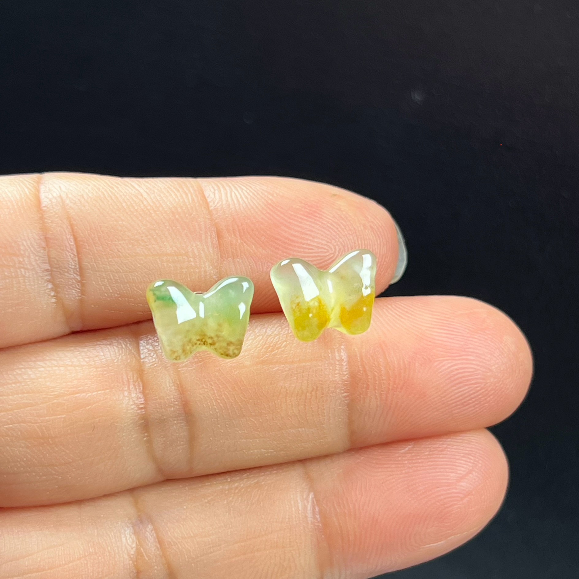 天然玉石精品珠宝高冰飘黄加绿非洲翠玉蝴蝶耳钉耳环耳坠子耳饰