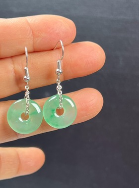 纯天然真玉耳环高冰飘翠绿色非洲翠玉玉石平安扣耳坠玉石耳环正品